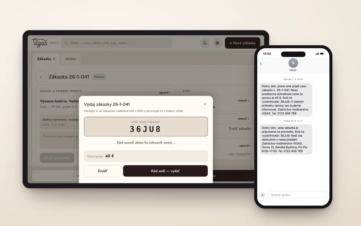 Výdaj zákazky s kódom na tablete a SMS s rovnakým kódom v telefóne zákazníka