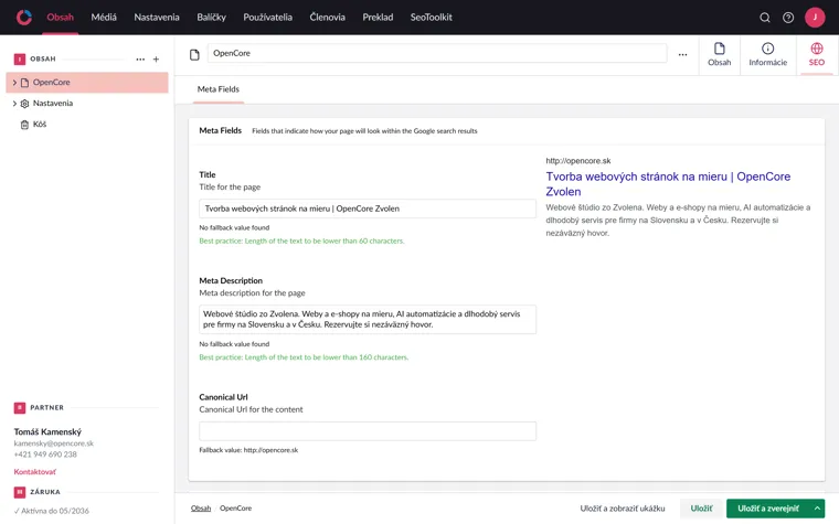 Platforma — SEO karta stránky s náhľadom vo vyhľadávaní