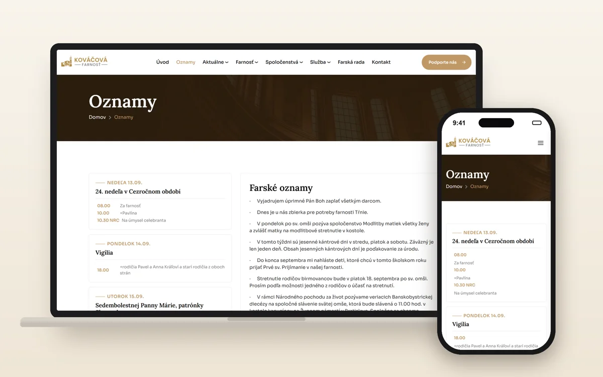 Mockup — oznamy na webe farnosti
