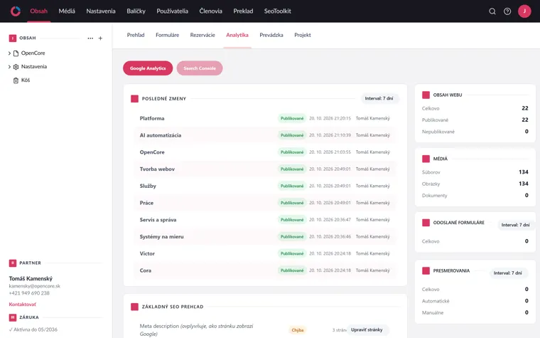Platforma — zmeny, obsah, formuláre a SEO na jednom mieste