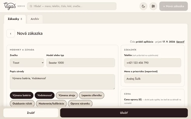 Prijatie hodiniek do opravy: závada zadaná rýchlymi skratkami, výber značky a telefón zákazníka