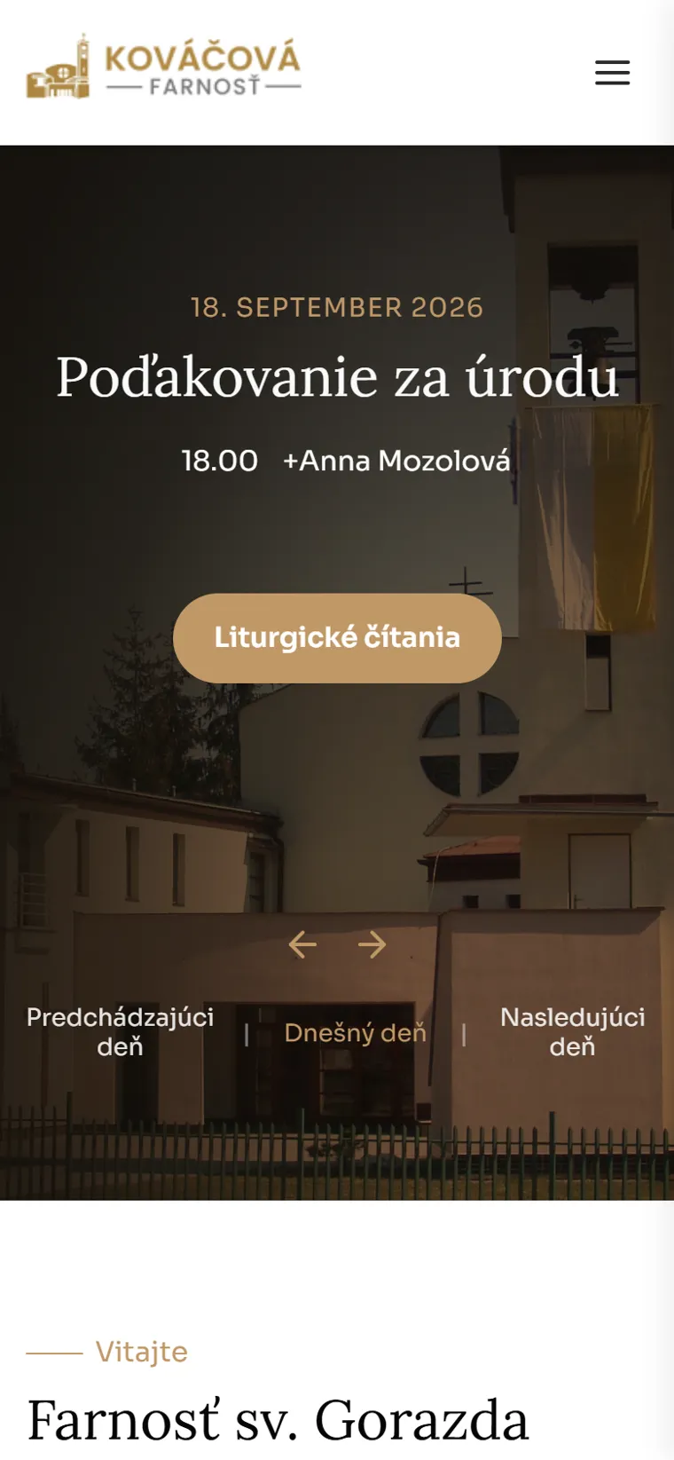 Úvod webu na mobile s oznamom na aktuálny deň