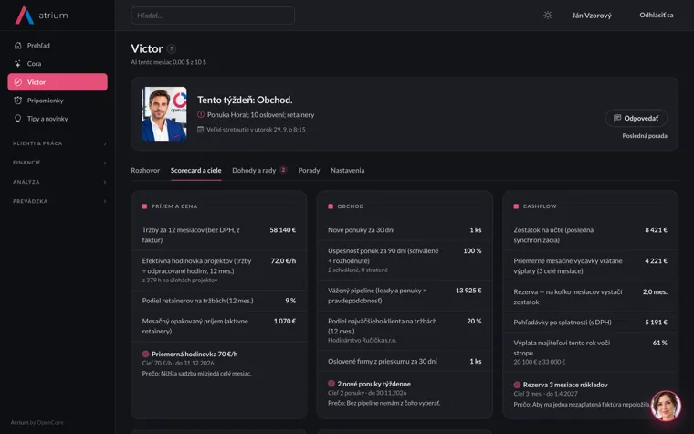Atrium — scorecard Victora (tmavý režim)