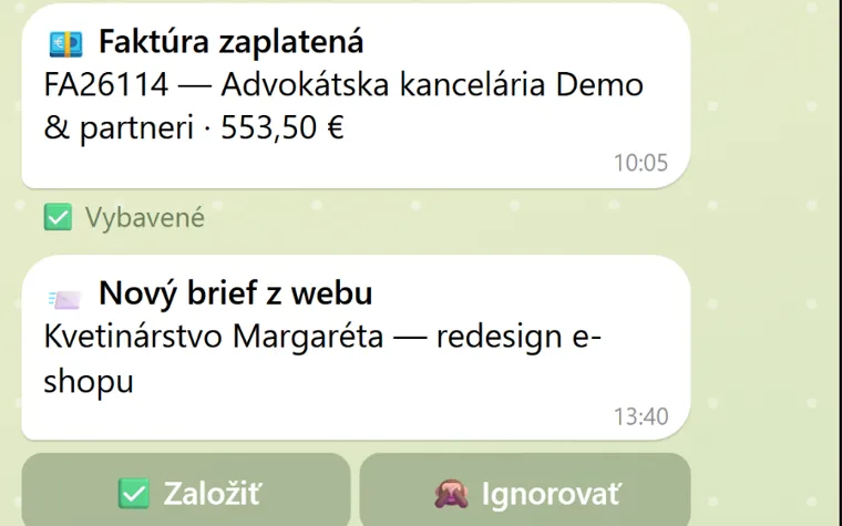 Cora — upozornenia v Telegrame