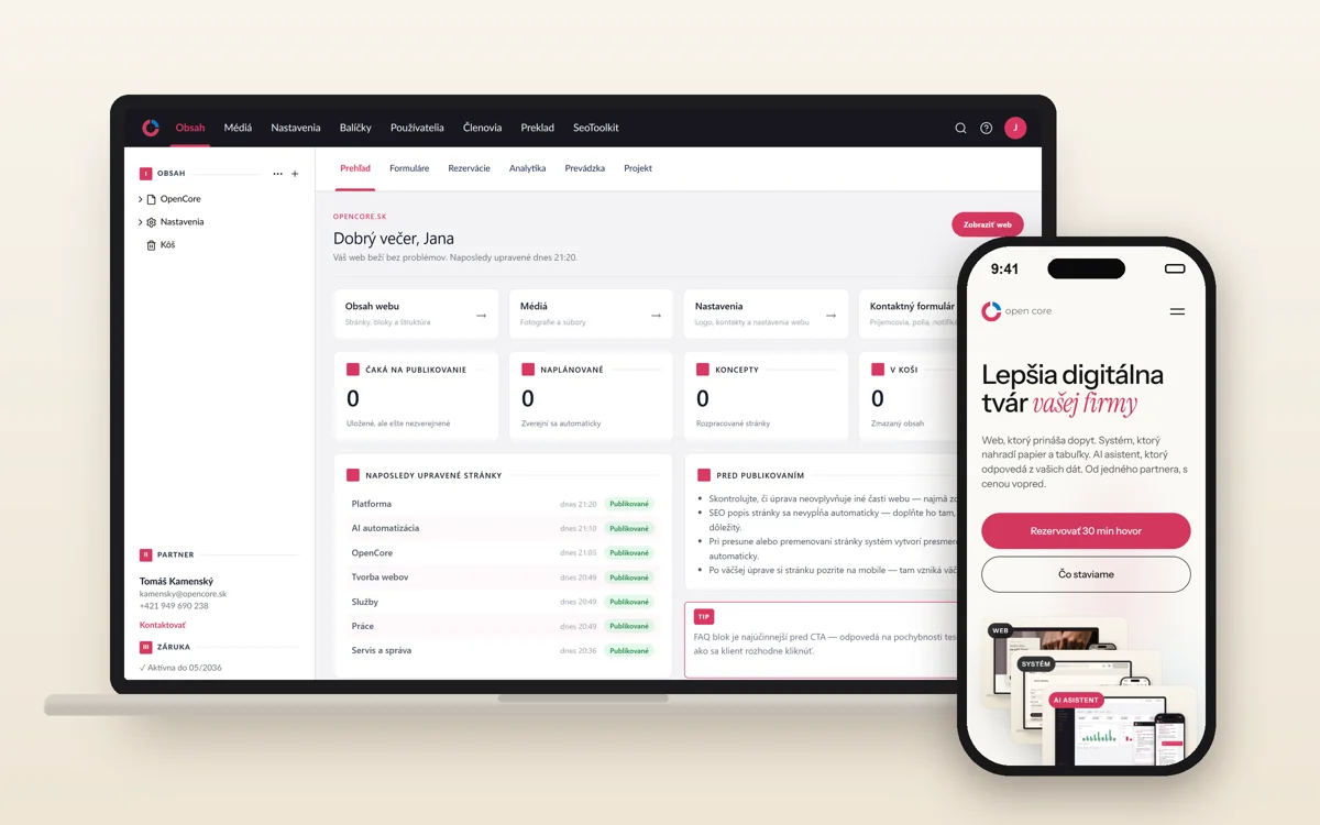 Platforma — prehľad v administrácii a web na mobile