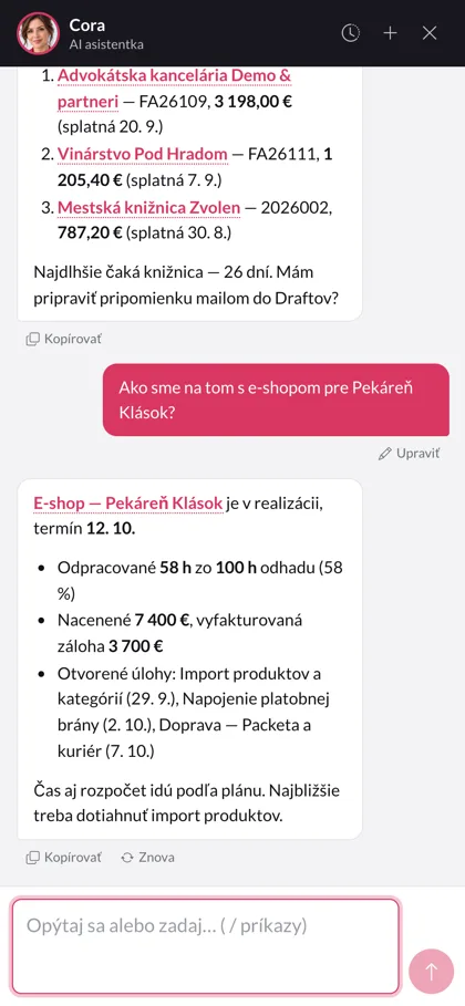 AI asistentka Cora odpovedá z dát firmy