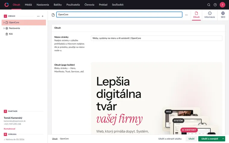 Platforma — editor stránky s náhľadom bloku