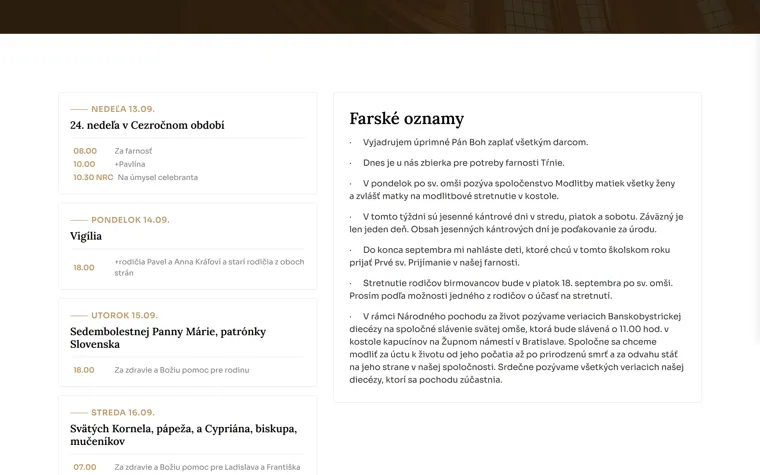 Stránka Oznamy s programom na týždeň a farskými oznamami
