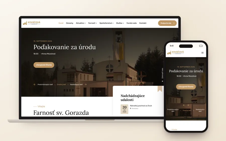 Web Farnosti sv. Gorazda v Kováčovej na notebooku a mobile