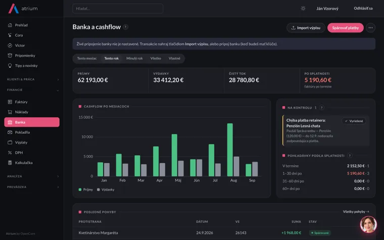 Atrium — banka a cashflow (tmavý režim)