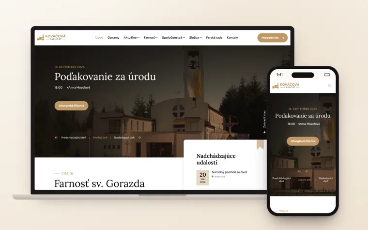 Web Farnosti sv. Gorazda v Kováčovej na notebooku a mobile